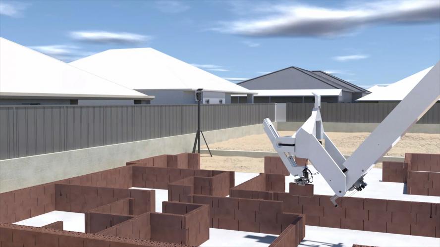 Der Bauroboter Hadrian X ist für die Arbeit im Freien optimiert und kann Wohnbauten vollautomatisiert errichten. <i>Foto: Wienerberger</i>