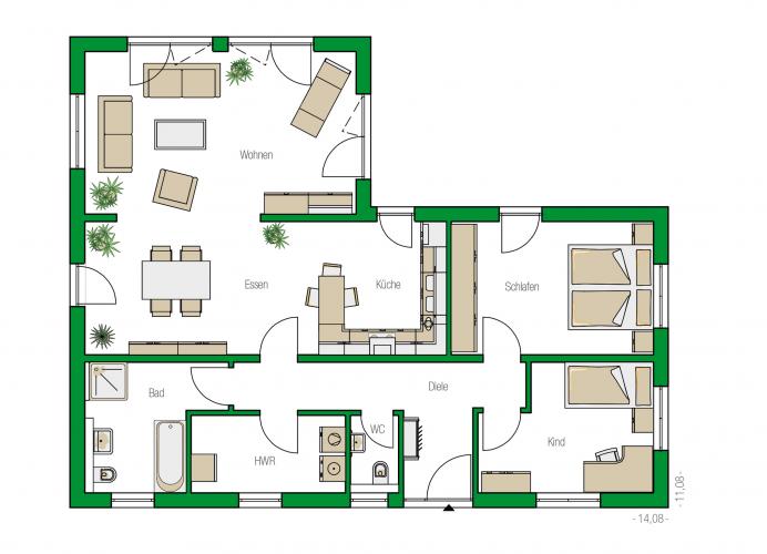 Grundriss des HELMA-Bungalows „Kopenhagen“ mit 106 Quadratmetern Wohnfläche. Nahe-zu die Hälfte nimmt mit 51 Quadratmetern der offene Bereich mit Essen, Wohnen und Küche ein – ein Tribut an den famillienfreundlichen dänischen Architekturstil.Grafik: HELMA Eigenheimbau AG