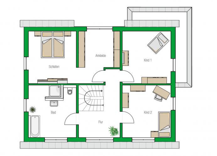 Das Obergeschoss mit Schlaf- und Kinderzimmern ist dem Rückzug der Familienmitglieder vorbehalten. Grafik: Helma Eigenheimbau AG 