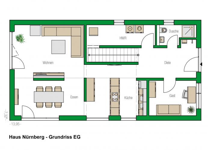 80 Quadratmeter misst das Erdgeschoss des neuentwickelten HELMA-Hauses „Nürnberg“. Für eine offene Wohnsituation im Wohn-Ess-, Küchen- und zu Teilen im Dielenbereich ent-schieden sich die Architekten von HELMA. Das macht diese Zone zum Familientreffpunkt. Ebenfalls auf dieser Ebene befinden sich der Hauswirtschaftsraum, ein Gäste-/Arbeitszimmer sowie ein Gäste-WC mit Dusche. <i>Grafik: HELMA Eigenheimbau AG</i>