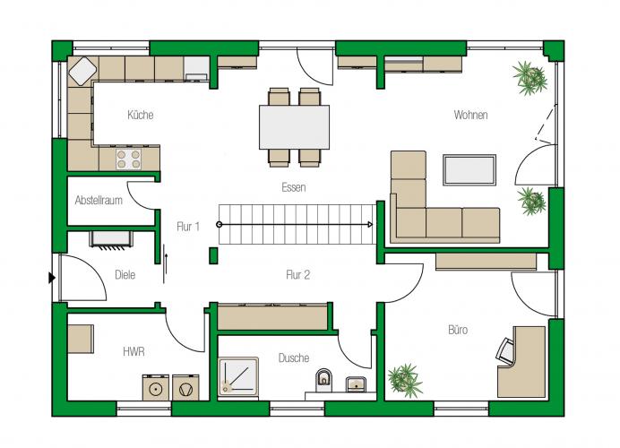 Die Raumanordnung im Erdgeschoss betont das Prinzip des offenen Wohnens.Grafik: Helma Eigenheimbau AG
