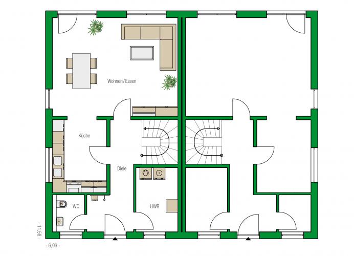Jede Doppelhaushälfte verfügt über circa 130 Quadratmeter Wohnfläche – wahlweise er-gänzbar durch einen Vollkeller mit 63 Quadratmetern. Das Erdgeschoss verfügt über einen 42 Qua-dratmeter großen Wohn-Ess-Bereich mit offener Küche.Grafik: HELMA Eigenheimbau AG