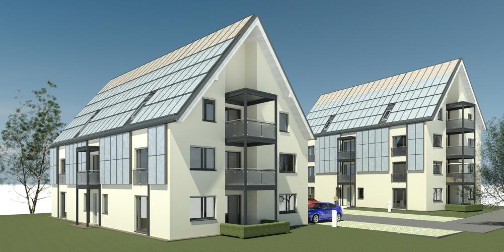 Ein neues Projekt ist bereits in Planung: Zwei energieautarke Mehrfamilienhäuser mit insgesamt 17 Wohneinheiten werden bei Oranienburg entstehen. Der Bau soll noch in diesem Jahr starten.Grafik: HELMA Eigenheimbau AG