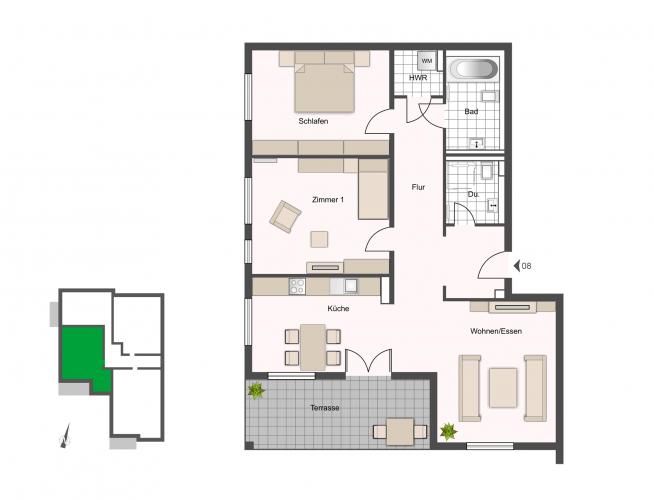 Großzügig bemessene 2 bis 4-Zimmer-Eigentumswohnungen. Wohnflächen von 78 bis 191 Quadratmetern bieten Raum für Familien, Singles und Individualisten. Hier das Beispiel einer Drei-Zimmer-Wohnung mit einladender Terrasse von 14 Quadratmetern. <i>Grafik: HELMA Wohnungsbau GmbH </i>