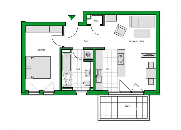 Grundriss einer Zweizimmerwohnung mit insgesamt 60 Quadratmetern Wohnfläche. <i>Foto: HELMA Wohnungsbau GmbH</i>
