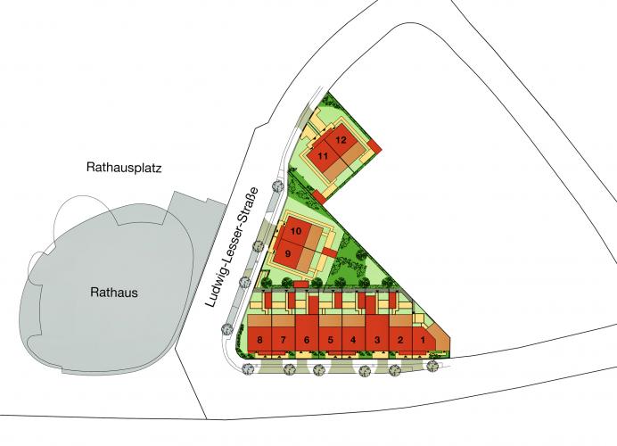 Lageplan des neuen HELMA-Projekts in Hennigsdorf. Der Verkaufsstart für das familiär wirkende Quartier in der City hat begonnen. <i>Grafik: HELMA Wohnungsbau GmbH</i>