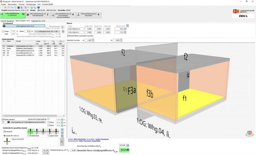 Die neue Version der Ziegel-Bauphysiksoftware Modul Schall 4.0 bietet eine 3-D-Funktion für den Nachweis innerhalb von Gebäuden. Die Parameter können damit leichter eingegeben werden. <i>Grafik: Lebensraum Ziegel / BVZI / AMz</i>