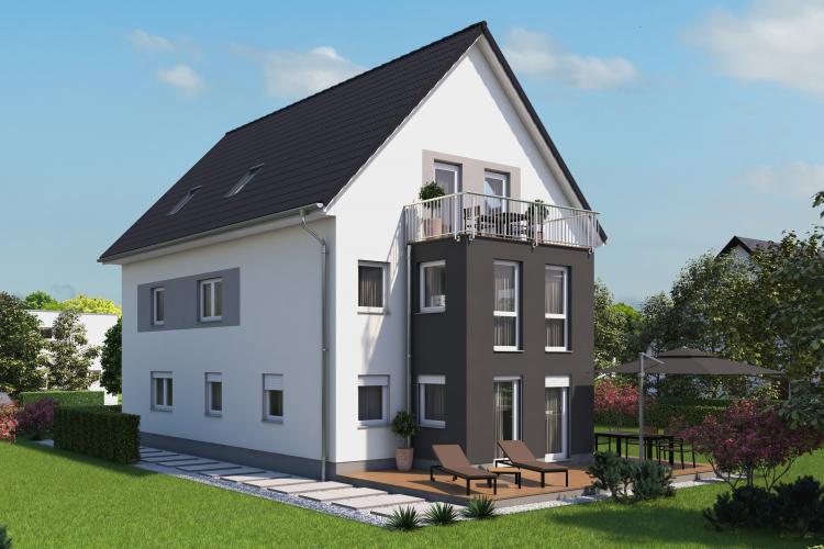Mit drei separaten und etwa gleich großen Wohnungen übereinander ist das Haus Stralsund der Riese unter den Mehrfamilienhäusern von Roth Massivhaus (267 m2). Der farblich akzentuierte Erker in EG und OG wird im Dachgeschoss von einem geräumigen Balkon bekrönt. <i>Foto: Roth-Massivhaus</i>