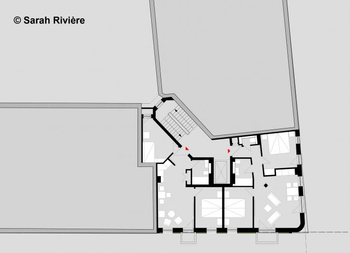 Um die Nutzfläche der Bar im Erdgeschoss zu erhöhen und Platz für Nebenräume zu schaffen, reicht die Bar durch den Neubau in den Altbau hinein. Die jeweils zwei Wohnungen in den Obergeschossen können bei Bedarf zu einer größeren Wohnung zusammengelegt werden. So kann flexibel auf künftige Wohnbedürfnisse reagiert werden. <i>Grafik: Sarah Rivière</i>