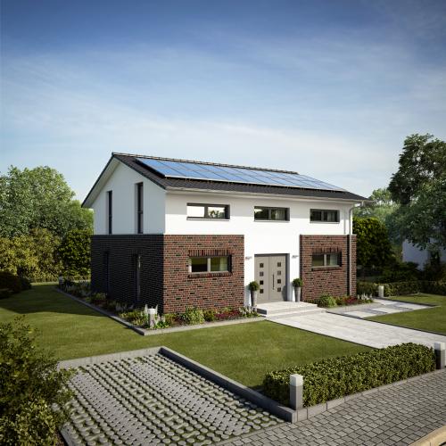 Energiesparer und Minikraftwerk in einem: Haus Hamburg wurde bereits 2017 als Effizienzhaus 40 Plus entwickelt. Die Kombination von Photovoltaikanlage mit einem Batteriespeicher liefert einen Großteil der benötigten Energie für Heizung und Warmwasserbereitung. <i>Foto: Roth-Massivhaus </i><br>