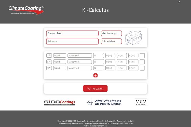 Die Benutzeroberfläche von KI-Calculus: Zur Berechnung stehen zahlreiche Parameter zur Auswahl, die für die Temperaturentwicklung eines Gebäudes relevant sein können. <i>Foto: SICC Coatings GmbH</i>