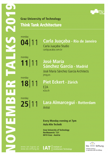 Am 4. November starten die „November Talks“ der Sto-Stiftung in Graz. Vier Vertreter der zeitgenössischen Architektur sorgen für abwechslungsreiche Vorträge. Grafik: Sto-Stiftung / Technische Universität Graz