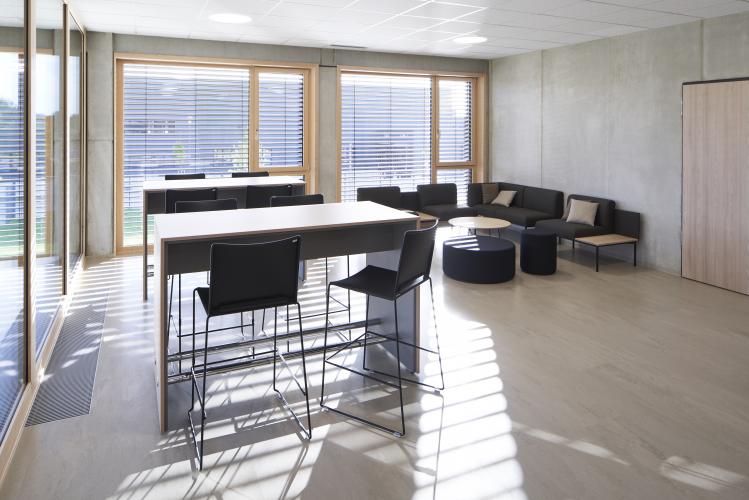 Bodentiefe Fenster sorgen im Verwaltungspart des neuen Hauses für 36 helle, transparent gestaltete Büroarbeitsplätze. Foto: Matthias Schmiedel